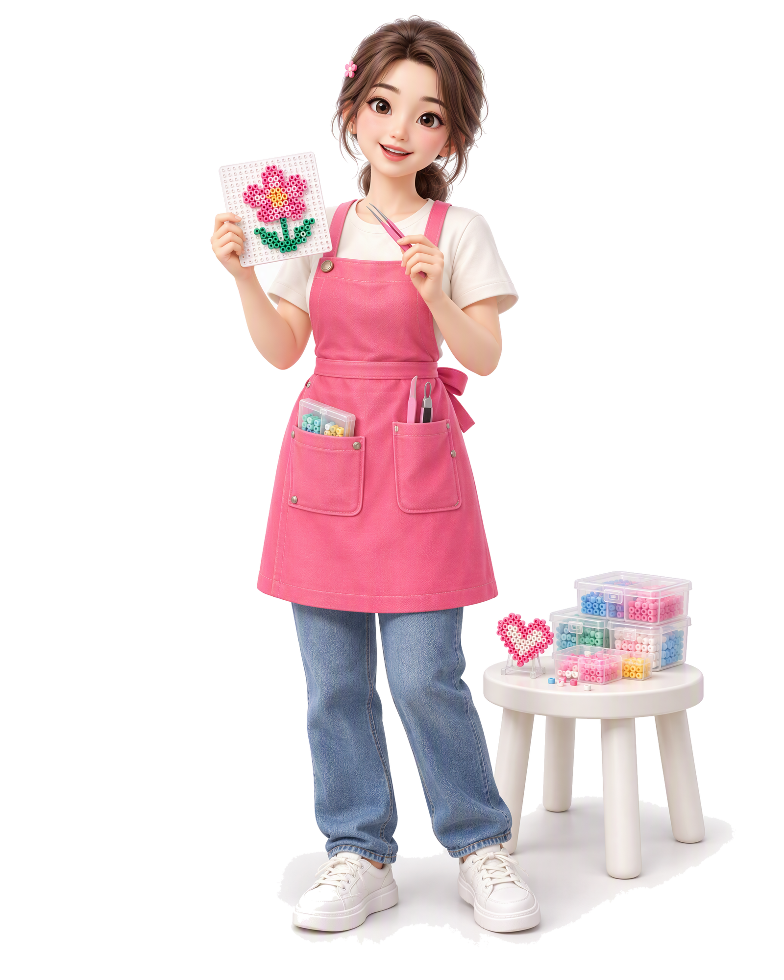 穿粉色围裙的拼豆手作店女店主，手持拼豆花朵作品
